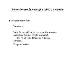 EEffeeiittooss NNeeuurroottóóxxiiccooss::AAççããoo ssoobbrree oo nneeuurrôônniioo 
Parestesias sseennssoorriiaaiiss 
DDoorrmmêênncciiaa 
PPeerrddaa ddaa ccaappaacciiddaaddee ddee rreecceebbeerr eessttíímmuullooss ddooss 
mmúússccuullooss ee tteennddõõeess ((ppoosstteerriioorrmmeennttee)).. 
EExx:: rreefflleexxooss nnoo tteennddããoo ddee AAqquuiilleess,, 
vviibbrraaççããoo.. 
FFrraaqquueezzaa mmoottoorraa 
 