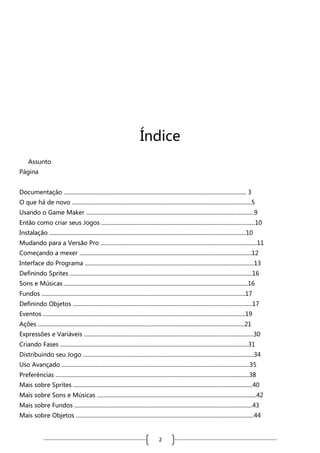 Índice
Assunto
Página
Documentação ................................................................................................................................ 3
O que há de novo ..............................................................................................................................5
Usando o Game Maker ......................................................................................................................9
Então como criar seus Jogos ............................................................................................................10
Instalação ..........................................................................................................................................10
Mudando para a Versão Pro ..............................................................................................................11
Começando a mexer .........................................................................................................................12
Interface do Programa .......................................................................................................................13
Definindo Sprites ................................................................................................................................16
Sons e Músicas .................................................................................................................................16
Fundos ...............................................................................................................................................17
Definindo Objetos ..............................................................................................................................17
Eventos ..............................................................................................................................................19
Ações .................................................................................................................................................21
Expressões e Variáveis .......................................................................................................................30
Criando Fases ....................................................................................................................................31
Distribuindo seu Jogo ........................................................................................................................34
Uso Avançado ....................................................................................................................................35
Preferências ........................................................................................................................................38
Mais sobre Sprites ..............................................................................................................................40
Mais sobre Sons e Músicas ................................................................................................................42
Mais sobre Fundos .............................................................................................................................43
Mais sobre Objetos .............................................................................................................................44

2

 