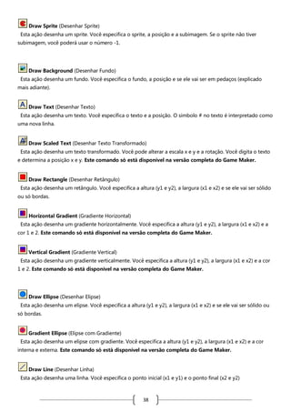 Draw Sprite (Desenhar Sprite)
Esta ação desenha um sprite. Você especifica o sprite, a posição e a subimagem. Se o sprite não tiver
subimagem, você poderá usar o número -1.

Draw Background (Desenhar Fundo)
Esta ação desenha um fundo. Você especifica o fundo, a posição e se ele vai ser em pedaços (explicado
mais adiante).

Draw Text (Desenhar Texto)
Esta ação desenha um texto. Você especifica o texto e a posição. O símbolo # no texto é interpretado como
uma nova linha.

Draw Scaled Text (Desenhar Texto Transformado)
Esta ação desenha um texto transformado. Você pode alterar a escala x e y e a rotação. Você digita o texto
e determina a posição x e y. Este comando só está disponível na versão completa do Game Maker.

Draw Rectangle (Desenhar Retângulo)
Esta ação desenha um retângulo. Você especifica a altura (y1 e y2), a largura (x1 e x2) e se ele vai ser sólido
ou só bordas.

Horizontal Gradient (Gradiente Horizontal)
Esta ação desenha um gradiente horizontalmente. Você especifica a altura (y1 e y2), a largura (x1 e x2) e a
cor 1 e 2. Este comando só está disponível na versão completa do Game Maker.

Vertical Gradient (Gradiente Vertical)
Esta ação desenha um gradiente verticalmente. Você especifica a altura (y1 e y2), a largura (x1 e x2) e a cor
1 e 2. Este comando só está disponível na versão completa do Game Maker.

Draw Ellipse (Desenhar Elipse)
Esta ação desenha um elipse. Você especifica a altura (y1 e y2), a largura (x1 e x2) e se ele vai ser sólido ou
só bordas.

Gradient Ellipse (Elipse com Gradiente)
Esta ação desenha um elipse com gradiente. Você especifica a altura (y1 e y2), a largura (x1 e x2) e a cor
interna e externa. Este comando só está disponível na versão completa do Game Maker.

Draw Line (Desenhar Linha)
Esta ação desenha uma linha. Você especifica o ponto inicial (x1 e y1) e o ponto final (x2 e y2)

38

 