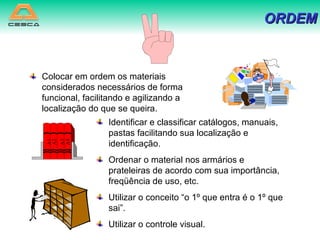 Colocar em ordem os materiais considerados necessários de forma funcional, facilitando e agilizando a localização do que se queira. Identificar e classificar catálogos, manuais, pastas facilitando sua localização e identificação. Ordenar o material nos armários e prateleiras de acordo com sua importância, freqüência de uso, etc. Utilizar o conceito “o 1º que entra é o 1º que sai”. Utilizar o controle visual. ORDEM A1 A2 A3 A4 