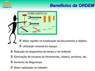 Maior rapidez na localização de documentos e objetos. Utilização racional do espaço. Redução do desperdício de tempo e de material. Eliminação de excesso de ferramentas, objetos, armários, etc. Aumento da Segurança. Maior satisfação no trabalho. Benefícios da ORDEM FERRAMENTAS CHAVE 1 CHAVE 2 CHAVE 3 MARTELO 1 MARTELO 2 ALICATE CHAVE BOCA 1 CHAVE BOCA 2 