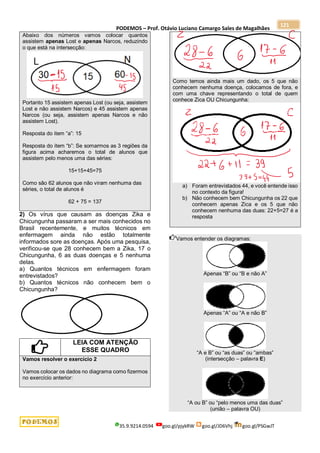 PODEMOS – Prof. Otávio Luciano Camargo Sales de Magalhães
35.9.9214.0594 goo.gl/pjykRW goo.gl/JD6Vhj goo.gl/PSGwJT
121
Abaixo dos números vamos colocar quantos
assistem apenas Lost e apenas Narcos, reduzindo
o que está na intersecção:
Portanto 15 assistem apenas Lost (ou seja, assistem
Lost e não assistem Narcos) e 45 assistem apenas
Narcos (ou seja, assistem apenas Narcos e não
assistem Lost).
Resposta do item “a”: 15
Resposta do item “b”: Se somarmos as 3 regiões da
figura acima acharemos o total de alunos que
assistem pelo menos uma das séries:
15+15+45=75
Como são 62 alunos que não viram nenhuma das
séries, o total de alunos é
62 + 75 = 137
2) Os vírus que causam as doenças Zika e
Chicungunha passaram a ser mais conhecidos no
Brasil recentemente, e muitos técnicos em
enfermagem ainda não estão totalmente
informados sore as doenças. Após uma pesquisa,
verificou-se que 28 conhecem bem a Zika, 17 o
Chicungunha, 6 as duas doenças e 5 nenhuma
delas.
a) Quantos técnicos em enfermagem foram
entrevistados?
b) Quantos técnicos não conhecem bem o
Chicungunha?
LEIA COM ATENÇÃO
ESSE QUADRO
Vamos resolver o exercício 2
Vamos colocar os dados no diagrama como fizermos
no exercício anterior:
Como temos ainda mais um dado, os 5 que não
conhecem nenhuma doença, colocamos de fora, e
com uma chave representando o total de quem
conhece Zica OU Chicungunha:
a) Foram entrevistados 44, e você entende isso
no contexto da figura!
b) Não conhecem bem Chicungunha os 22 que
conhecem apenas Zica e os 5 que não
conhecem nenhuma das duas: 22+5=27 é a
resposta
Vamos entender os diagramas:
Apenas “B” ou “B e não A”
Apenas “A” ou “A e não B”
“A e B” ou “as duas” ou “ambas”
(intersecção – palavra E)
“A ou B” ou “pelo menos uma das duas”
(união – palavra OU)
 