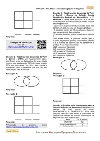 PODEMOS – Prof. Otávio Luciano Camargo Sales de Magalhães
35.9.9214.0594 goo.gl/pjykRW goo.gl/JD6Vhj goo.gl/PSGwJT
126
Resposta:
Correção em vídeo 17:20
Ex 3 a 6
https://youtu.be/rMQXVTL1PgI
Questão 3– Resolva pelos diagramas de Venn
e Carroll - (PUC) Um levantamento sócio-
econômico entre os habitantes de uma cidade
revelou que, exatamente: 17% têm casa própria;
22% têm automóvel; 8% têm casa própria e
automóvel. Qual o percentual dos que não têm
casa própria nem automóvel?
Resolução 1:
Resposta:
Resolução 2:
Resposta:
Resolução do problema acima:
http://www.profezequias.net/conjuntos.html
Questão 4– Resolva pelos diagramas de Venn
e Carroll - (Exame de Seleção Escola
Agrotécnica Federal de Muzambinho – 1o
semestre / 1998) Dois produtos A e B são
consumidos de acordo com dados abaixo, obtidos
em uma pesquisa:
- 20 pessoas responderam à pesquisa e todas elas
consomem, pelo menos, um dos dois produtos.
- 5 pessoas, dentre as 20 consultadas, disseram
que consomem os dois produtos.
- 3 pessoas disseram que só consomem o produto
B.
Com esses dados, é possível afirmar que o
número de pessoas que não consomem o produto
A e o número de pessoas que só consomem o
produto A são respectivamente,
a) 20 pessoas e 3 pessoas
b) 3 pessoas e 12 pessoas
c) 8 pessoas e 20 pessoas
d) 12 pessoas e 5 pessoas
e) 5 pessoas e 3 pessoas.
Resolução 1:
Resposta:
Resolução 2:
Resposta:
Questão 5– Resolva pelos diagramas de Venn e
Carroll - (Gabarito de Matemática) Na cidade dos
Pésujos, há duas marcas de sabão:
RANCAKARACA e SAIKASCUDO. Após uma
pesquisa realizada para saber a quantidade de
pessoas que utilizam as marcas, obtiveram-se os
seguintes dados na tabela abaixo:
 