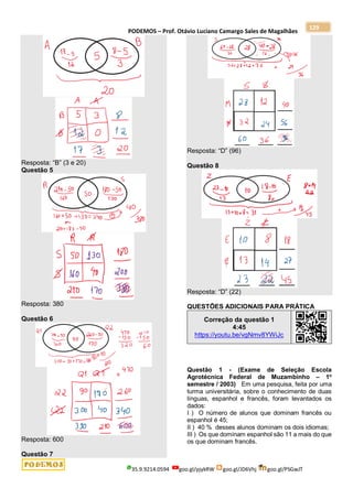 PODEMOS – Prof. Otávio Luciano Camargo Sales de Magalhães
35.9.9214.0594 goo.gl/pjykRW goo.gl/JD6Vhj goo.gl/PSGwJT
129
Resposta: “B” (3 e 20)
Questão 5
Resposta: 380
Questão 6
Resposta: 600
Questão 7
Resposta: “D” (96)
Questão 8
Resposta: “D” (22)
QUESTÕES ADICIONAIS PARA PRÁTICA
Correção da questão 1
4:45
https://youtu.be/vgNmv8YWiJc
Questão 1 - (Exame de Seleção Escola
Agrotécnica Federal de Muzambinho – 1o
semestre / 2003) Em uma pesquisa, feita por uma
turma universitária, sobre o conhecimento de duas
línguas, espanhol e francês, foram levantados os
dados:
I ) O número de alunos que dominam francês ou
espanhol é 45;
II ) 40 % desses alunos dominam os dois idiomas;
III ) Os que dominam espanhol são 11 a mais do que
os que dominam francês.
 