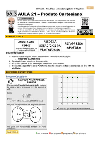 PODEMOS – Prof. Otávio Luciano Camargo Sales de Magalhães
35.9.9214.0594 goo.gl/pjykRW goo.gl/JD6Vhj goo.gl/PSGwJT
169
B5.3 AULA 21 – Produto Cartesiano
CJ1 – Submódulo 5.3
Se voce pulasse esse capítulo não teria muitas dificuldades para compreender todo restante
do conteúdo de Ensino Fundamental e Médio. É um assunto que em geral não é cobrado nos
vestibulares atualmente.
O problema é que Produto Cartesiano ajuda na compreensão correta do conceito abstrato de
Função. Além disso, permite a ajuda ao raciocínio lógico e a criação de certos padrões.
A retirada desse tópico da Educação Básica foi um equívoco, pois, não se compreendeu o
objetivo da chamada Matemática Moderna - antes era um assunto de 5ª série do Ensino
Fundamental, mas hoje na escola aparece no 1º ano do Ensino Médio.
ROTEIRO DE ESTUDOS
ASSISTA AOS
VÍDEOS
A serem disponibilizados na
Plataforma PODEMOS
RESOLVA
EXERCÍCIOS DA
PLATAFORMA
ESTUDE ESSA
APOSTILA
COMO PROCEDER?
 Assista vídeos da parte teórica dessa matéria. Procure no Youtube por:
o PRODUTO CARTESIANO
 Resolva todos os exercícios dessa apostila.
 Na dúvida procure ajuda de colegas, professores ou na Internet.
 Concluída a apostila vá até a Plataforma Moodle e resolva todos os exercícios até tirar 10,0 na
atividade.
EXERCÍCIOS OBRIGATÓRIOS
Produto Cartesiano
LEIA COM ATENÇÃO ESSE
QUADRO
Chamamos de Produto Cartesiano AxB o conjunto
de todos os pares ordenados (x,y), tal que x∈A e
y∈B.
Dados:
𝐴 = {1,2,3}
𝐵 = {1,5}
Então:
𝐴 × 𝐵 = {(1,1), (1,5), (2,1), (2,5), (3,1), (3,5)}
Isso pode ser representado em diagramas de Venn:
Isso pode ser representado também no Plano
Cartesiano:
Toda vez que aparecer a mãozinha LEIA
 