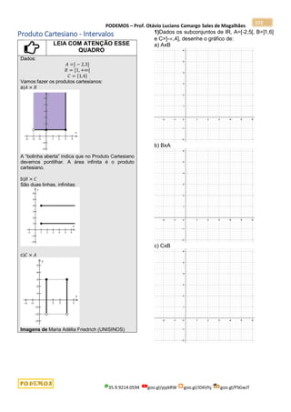 PODEMOS – Prof. Otávio Luciano Camargo Sales de Magalhães
35.9.9214.0594 goo.gl/pjykRW goo.gl/JD6Vhj goo.gl/PSGwJT
172
Produto Cartesiano - Intervalos
LEIA COM ATENÇÃO ESSE
QUADRO
Dados:
𝐴 =] − 2,3]
𝐵 = [1, +∞[
𝐶 = {1,4}
Vamos fazer os produtos cartesianos:
a)𝐴 × 𝐵
A “bolinha aberta” indica que no Produto Cartesiano
devemos pontilhar. A área infinita é o produto
cartesiano.
b)𝐵 × 𝐶
São duas linhas, infinitas:
c)𝐶 × 𝐴
Imagens de Maria Adélia Friedrich (UNISINOS)
1)Dados os subconjuntos de IR, A=[-2,5[, B=]1,6]
e C=]-,4], desenhe o gráfico de:
a) AxB
b) BxA
c) CxB
 