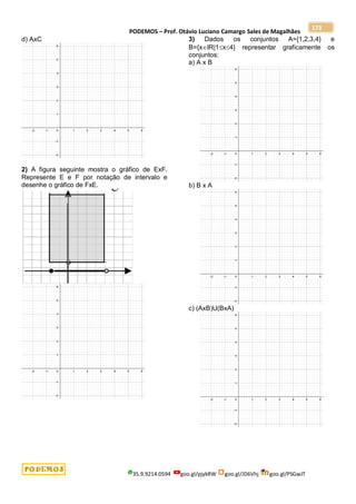 PODEMOS – Prof. Otávio Luciano Camargo Sales de Magalhães
35.9.9214.0594 goo.gl/pjykRW goo.gl/JD6Vhj goo.gl/PSGwJT
173
d) AxC
2) A figura seguinte mostra o gráfico de ExF.
Represente E e F por notação de intervalo e
desenhe o gráfico de FxE.
3) Dados os conjuntos A={1,2,3,4} e
B={xIR|1x4} representar graficamente os
conjuntos:
a) A x B
b) B x A
c) (AxB)U(BxA)
 