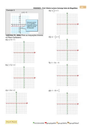 PODEMOS – Prof. Otávio Luciano Camargo Sales de Magalhães
35.9.9214.0594 goo.gl/pjykRW goo.gl/JD6Vhj goo.gl/PSGwJT
194
Exemplo 5:
𝑦 ≤ −1
1)(SCHULTZ, 2004) Plote as inequações lineares
no Plano Cartesiano:
a)𝑦 ≥ 3𝑥 + 1
b)𝑦 > 5𝑥 + 2
c)𝑦 < 6𝑥 + 2
d)𝑦 ≤
3
2
𝑥 + 1
e)𝑦 ≥ −
1
2
𝑥 +
2
3
f)𝑦 > −3𝑥 − 4
g)𝑦 < −2𝑥 +
1
2
 