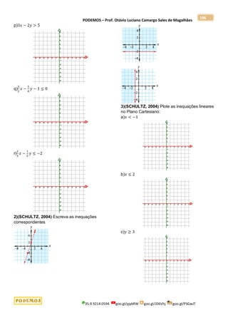 PODEMOS – Prof. Otávio Luciano Camargo Sales de Magalhães
35.9.9214.0594 goo.gl/pjykRW goo.gl/JD6Vhj goo.gl/PSGwJT
196
p)3𝑥 − 2𝑦 > 5
q)
3
2
𝑥 −
5
4
𝑦 − 1 ≤ 0
r)
2
3
𝑥 −
1
2
𝑦 ≤ −2
2)(SCHULTZ, 2004) Escreva as inequações
correspondentes
3)(SCHULTZ, 2004) Plote as inequações lineares
no Plano Cartesiano:
a)𝑥 < −1
b)𝑥 ≤ 2
c)𝑦 ≥ 3
 