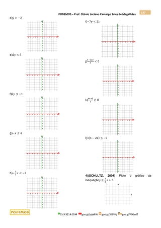 PODEMOS – Prof. Otávio Luciano Camargo Sales de Magalhães
35.9.9214.0594 goo.gl/pjykRW goo.gl/JD6Vhj goo.gl/PSGwJT
197
d)𝑦 > −2
e)2𝑦 < 5
f)2𝑦 ≤ −1
g)−𝑥 ≤ 4
h)−
5
4
𝑥 < −2
i)−7𝑦 < 21
j)
3−12𝑦
7
< 0
k)
6𝑥+5
3
≥ 8
l)3(4 − 2𝑥) ≤ −7
4)(SCHULTZ, 2004) Plote o gráfico da
inequação𝑦 ≥
1
2
𝑥 + 5
 