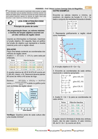 PODEMOS – Prof. Otávio Luciano Camargo Sales de Magalhães
35.9.9214.0594 goo.gl/pjykRW goo.gl/JD6Vhj goo.gl/PSGwJT
207
Na Atividade, você pode ter examinado vários pontos na região
viável e descobriu que as receitas máximas e mínimas ocorrem nos
vértices da região viável. O Princípio do Ponto de Canto confirma que
você precisa examinar apenas os vértices da região viável para
encontrar o valor máximo ou mínimo da função objetivo.
LEIA COM ATENÇÃO ESSE
QUADRO
Princípio do ponto de canto
Na programação linear, os valores máximo
e mínimo da função objetivo ocorrem em
um dos vértices da região viável.
Usando as informações no Exemplo, maximize
a função objetivo. Em seguida, faça um gráfico
da função de objetivo que representa a receita
máxima junto com a região viável.
SOLUÇÃO
Faça uma tabela contendo as coordenadas dos
vértices da região viável.
Avalie 𝑅 = 357,525𝑥 + 159,31𝑦 para cada par
ordenado.
A receita máxima de US $ 34.974,40 ocorre em
C (80,40). Assim, o Sr. Desmond deveria plantar
80 acres de milho e 40 acres de trigo.
Escreva 357.525𝑥 + 159,31𝑦 = 34.974,4
como 𝑦 =
34.974,4−357,525𝑥
159,31
e plote no gráfico junto
com os limites da região viável.
Verifique: Quantos acres de cada cultura dão
uma receita mínima?
OUTRO EXEMPLO:
Encontre os valores máximo e mínimo, se
existirem, do objetivo da função S = 2x + 3y
dado o conjunto de restrições fornecido à direita.
1. Represente graficamente a região viável
como mostrado.
2. A função objetivo é S = 2x + 3y.
3. Encontre as coordenadas de cada vértice,
resolvendo o sistema apropriado.
4. Avalie S = 2x + 3y para as coordenadas de
cada vértice.
A região viável é ilimitada à direita dos vértices.
Assim, não há valor máximo. O valor mínimo,
28, de S = 2x + 3y ocorre em (8,4).
 