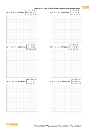 PODEMOS – Prof. Otávio Luciano Camargo Sales de Magalhães
35.9.9214.0594 goo.gl/pjykRW goo.gl/JD6Vhj goo.gl/PSGwJT
210
b)𝑃 = 3𝑥 + 𝑦, restrições: {
𝑥 + 𝑦 ≥ 3
3𝑥 + 4𝑦 ≤ 12
𝑥 ≥ 0, 𝑦 ≥ 0
c)𝑃 = 4𝑥 + 7𝑦, restrições: {
𝑥 + 𝑦 ≤ 8
𝑦 − 𝑥 ≤ 2
𝑥 ≥ 0, 𝑦 ≥ 0
d)𝑃 = 2𝑥 + 7𝑦, restrições: {
4𝑥 − 2𝑦 ≤ 8
𝑥 ≥ 1
0 ≤ 𝑦 ≤ 4
e)𝐸 = 2𝑥 + 𝑦, restrições: {
𝑥 + 𝑦 ≥ 6
𝑥 − 𝑦 ≤ 4
𝑥 ≥ 0, 𝑦 ≥ 0
f)𝐸 = 𝑥 + 𝑦, restrições: {
𝑥 + 2𝑦 ≥ 3
3𝑥 + 4𝑦 ≥ 8
𝑥 ≥ 0, 𝑦 ≥ 0
g)𝐸 = 3𝑥 + 5𝑦, restrições: {
𝑥 − 2𝑦 ≥ 0
𝑥 + 2𝑦 ≥ 8
𝑥 ≥ 0, 𝑦 ≥ 0
 