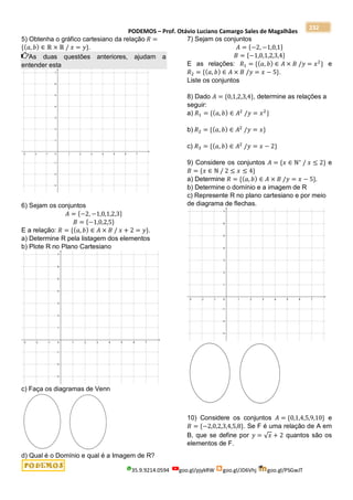 PODEMOS – Prof. Otávio Luciano Camargo Sales de Magalhães
35.9.9214.0594 goo.gl/pjykRW goo.gl/JD6Vhj goo.gl/PSGwJT
232
5) Obtenha o gráfico cartesiano da relação 𝑅 =
{(𝑎, 𝑏) ∈ ℝ × ℝ / 𝑥 = 𝑦}.
As duas questões anteriores, ajudam a
entender esta
6) Sejam os conjuntos
𝐴 = {−2, −1,0,1,2,3}
𝐵 = {−1,0,2,5}
E a relação: 𝑅 = {(𝑎, 𝑏) ∈ 𝐴 × 𝐵 / 𝑥 + 2 = 𝑦}.
a) Determine R pela listagem dos elementos
b) Plote R no Plano Cartesiano
c) Faça os diagramas de Venn
d) Qual é o Domínio e qual é a Imagem de R?
7) Sejam os conjuntos
𝐴 = {−2, −1,0,1}
𝐵 = {−1,0,1,2,3,4}
E as relações: 𝑅1 = {(𝑎, 𝑏) ∈ 𝐴 × 𝐵 /𝑦 = 𝑥2
} e
𝑅2 = {(𝑎, 𝑏) ∈ 𝐴 × 𝐵 /𝑦 = 𝑥 − 5}.
Liste os conjuntos
8) Dado 𝐴 = {0,1,2,3,4}, determine as relações a
seguir:
a) 𝑅1 = {(𝑎, 𝑏) ∈ 𝐴2
/𝑦 = 𝑥2
}
b) 𝑅2 = {(𝑎, 𝑏) ∈ 𝐴2
/𝑦 = 𝑥}
c) 𝑅3 = {(𝑎, 𝑏) ∈ 𝐴2
/𝑦 = 𝑥 − 2}
9) Considere os conjuntos 𝐴 = {𝑥 ∈ ℕ∗
/ 𝑥 ≤ 2} e
𝐵 = {𝑥 ∈ ℕ / 2 ≤ 𝑥 ≤ 4}
a) Determine 𝑅 = {(𝑎, 𝑏) ∈ 𝐴 × 𝐵 /𝑦 = 𝑥 − 5}.
b) Determine o domínio e a imagem de R
c) Represente R no plano cartesiano e por meio
de diagrama de flechas.
10) Considere os conjuntos 𝐴 = {0,1,4,5,9,10} e
𝐵 = {−2,0,2,3,4,5,8}. Se F é uma relação de A em
B, que se define por 𝑦 = √𝑥 + 2 quantos são os
elementos de F.
 