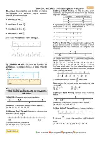 PODEMOS – Prof. Otávio Luciano Camargo Sales de Magalhães
35.9.9214.0594 goo.gl/pjykRW goo.gl/JD6Vhj goo.gl/PSGwJT
75
6) A régua de polegadas está dividida em riscos
decrescentes que separam meios, quartos,
oitavos, e dezesseis avos.
A medida A é de 2
7
8
.
A medida de B é de 2
3
8
.
A medida de C é de 1
3
8
.
A medida de D é de
15
16
Consegue marcar cada ponto da régua?
7) (Bilstein et alli) Escreva as frações de
polegadas correspondentes à cada medida
abaixo:
Inches é polegada em Inglês
TESTE SOBRE LOCALIZAÇÃO DE NÚMEROS
NA RETA
1)(SAERS). Observe a reta numérica abaixo.
Nessa reta, que número corresponde ao ponto P?
(A) 5,4 (B) 5,5 (C) 5,6 (D) 5,9
2) (Blog do Prof. Warles) Observe os números que
aparecem na reta abaixo.
O número indicado pela seta é
(A) 0,9 (B) 0,54 (C) 0,8 (D) 0,55
3) (Blog do Prof. Warles) No mês de Julho, foram
registradas as temperaturas mais baixas do ano nas
seguintes cidades:
Cidades Temperaturas (ºC)
X –1
Y +2
Z -3
A representação correta das temperaturas registradas
nas cidades X, Y e Z, na reta numerada, é:
4) (Prova Brasil). A figura abaixo mostra os pontos P e
Q que correspondem a números racionais e foram
posicionados na reta numerada do conjunto dos
racionais.
Os valores atribuídos a P e Q, conforme suas posições
na reta numérica abaixo são:
(A) P = - 0,2 e Q = – 0,3 (B) P = - 0,3 e Q = – 0,2
(C) P = - 0,6 e Q = – 0,7 (D) P = - 0,7 e Q = – 0,6
5) (Prova Brasil 2009). Em uma aula de Matemática, o
professor apresentou aos alunos uma reta numérica
como a da figura a seguir.
O professor marcou o número
11
4
nessa reta.
Esse número foi marcado entre que pontos da reta
numérica?
(A) – 4 e – 3. (B) – 3 e – 2.
(C) 0 e 1. (D) 3 e 4.
6) (Blog do Prof. Warles) Observe a reta numérica
abaixo.
Nessa reta, que número corresponde ao ponto P?
(A) 2,4 (B) 2,5 (C) 2,6 (D) 2,7
7) (Blog do Prof. Warles) Observe o desenho abaixo.
O número
7
25
, nessa reta numérica, está localizado
entre:
(A) – 4 e –3. (B) 2 e 3. (C) 3 e 4. (D) – 3 e – 4.
 
