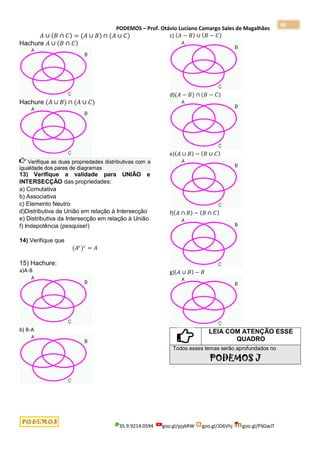 PODEMOS – Prof. Otávio Luciano Camargo Sales de Magalhães
35.9.9214.0594 goo.gl/pjykRW goo.gl/JD6Vhj goo.gl/PSGwJT
90
𝐴 ∪ (𝐵 ∩ 𝐶) = (𝐴 ∪ 𝐵) ∩ (𝐴 ∪ 𝐶)
Hachure 𝐴 ∪ (𝐵 ∩ 𝐶)
Hachure (𝐴 ∪ 𝐵) ∩ (𝐴 ∪ 𝐶)
Verifique as duas propriedades distributivas com a
igualdade dos pares de diagramas
13) Verifique a validade para UNIÃO e
INTERSECÇÃO das propriedades:
a) Comutativa
b) Associativa
c) Elemento Neutro
d)Distributiva da União em relação à Intersecção
e) Distributiva da Intersecção em relação à União
f) Indepotência (pesquise!)
14) Verifique que
(𝐴𝑐
)𝑐
= 𝐴
15) Hachure:
a)A-B
b) B-A
c) (𝐴 − 𝐵) ∪ (𝐵 − 𝐶)
d)(𝐴 − 𝐵) ∩ (𝐵 − 𝐶)
e)(𝐴 ∪ 𝐵) − (𝐵 ∪ 𝐶)
f)(𝐴 ∩ 𝐵) − (𝐵 ∩ 𝐶)
g)(𝐴 ∪ 𝐵) − 𝐵
LEIA COM ATENÇÃO ESSE
QUADRO
Todos esses temas serão aprofundados no
PODEMOS J
 