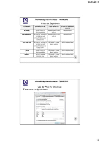 28/03/2013




               Informática para concursos – TJ/AM 2013

                        Cópia de Segurança
TIPO BACKUP    QUEM ELE COPIA?      O QUE ACONTECE?   ATRIBUTO – ARQUIVO
                                                            MORTO
  NORMAL        COPIA TODOS OS     MARCA COMO TENDO      DESMARCADO
                 SELECIONADOS           BACKUP
INCREMENTAL   APENAS OS ARQUIVOS MARCA COMO TENDO        DESMARCADO
                APÓS O ÚLTIMO         BACKUP
              BACKUP NORMAL OU
                 INCREMENTAL
DIFERENCIAL   APENAS OS ARQUIVOS   NÃO MARCA COMO     NÃO É DESMARCADO
                APÓS O ÚLTIMO       TENDO BACKUP
              BACKUP NORMAL OU
                 INCREMENTAL
   CÓPIA        COPIA TODOS OS     NÃO MARCA COMO     NÃO É DESMARCADO
                 SELECIONADOS       TENDO BACKUP
  DIÁRIO        MODIFICADOS E      NÃO MARCA COMO     NÃO É DESMARCADO
                CRIADOS HOJE        TENDO BACKUP
                                                                           29




               Informática para concursos – TJ/AM 2013


                 Uso do Word for Windows:
 Entrando e corrigindo texto:




                                                                           30




                                                                                       15
 