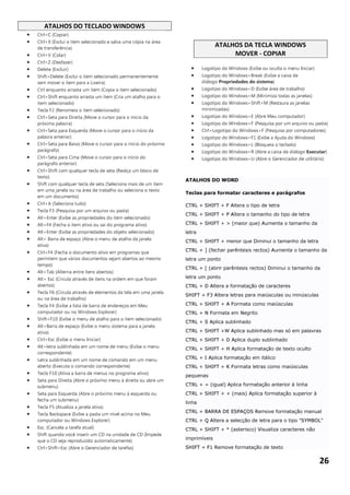 ATALHOS DO TECLADO WINDOWS
•   Ctrl+C (Copiar)
•   Ctrl+X (Exclui o item selecionado e salva uma cópia na área
    de transferência)
                                                                                 ATALHOS DA TECLA WINDOWS
•   Ctrl+V (Colar)                                                                    MOVER - COPIAR
•   Ctrl+Z (Desfazer)
•   Delete (Excluir)                                                 •     Logotipo do Windows (Exibe ou oculta o menu Iniciar)
•   Shift+Delete (Exclui o item selecionado permanentemente          •     Logotipo do Windows+Break (Exibe a caixa de
    sem mover o item para a Lixeira)                                       diálogo Propriedades do sistema)
•   Ctrl enquanto arrasta um item (Copia o item selecionado)         •     Logotipo do Windows+D (Exibe área de trabalho)
•   Ctrl+Shift enquanto arrasta um item (Cria um atalho para o       •     Logotipo do Windows+M (Minimiza todas as janelas)
    item selecionado)                                                •     Logotipo do Windows+Shift+M (Restaura as janelas
•   Tecla F2 (Renomeia o item selecionado)                                 minimizadas)
•   Ctrl+Seta para Direita (Move o cursor para o início da           •     Logotipo do Windows+E (Abre Meu computador)
    próxima palavra)                                                 •     Logotipo do Windows+F (Pesquisa por um arquivo ou pasta)
•   Ctrl+Seta para Esquerda (Move o cursor para o início da          •     Ctrl+Logotipo do Windows+F (Pesquisa por computadores)
    palavra anterior)                                                •     Logotipo do Windows+F1 (Exibe a Ajuda do Windows)
•   Ctrl+Seta para Baixo (Move o cursor para o início do próximo     •     Logotipo do Windows+L (Bloqueia o teclado)
    parágrafo)                                                       •     Logotipo do Windows+R (Abre a caixa de diálogo Executar)
•   Ctrl+Seta para Cima (Move o cursor para o início do              •     Logotipo do Windows+U (Abre o Gerenciador de utilitário)
    parágrafo anterior)
•   Ctrl+Shift com qualquer tecla de seta (Realça um bloco de
    texto)
                                                                   ATALHOS DO WORD
•   Shift com qualquer tecla de seta (Seleciona mais de um item
    em uma janela ou na área de trabalho ou seleciona o texto
                                                                   Teclas para formatar caracteres e parágrafos
    em um documento)
•   Ctrl+A (Seleciona tudo)                                        CTRL + SHIFT + F Altera o tipo de letra
•   Tecla F3 (Pesquisa por um arquivo ou pasta)
                                                                   CTRL + SHIFT + P Altera o tamanho do tipo de letra
•   Alt+Enter (Exibe as propriedades do item selecionado)
•   Alt+F4 (Fecha o item ativo ou sai do programa ativo)           CTRL + SHIFT + > (maior que) Aumenta o tamanho da
•   Alt+Enter (Exibe as propriedades do objeto selecionado)        letra
•   Alt+ Barra de espaço (Abre o menu de atalho da janela          CTRL + SHIFT + menor que Diminui o tamanho da letra
    ativa)
•   Ctrl+F4 (Fecha o documento ativo em programas que              CTRL + ] (fechar parêntesis rectos) Aumenta o tamanho da
    permitem que vários documentos sejam abertos ao mesmo          letra um ponto
    tempo)
                                                                   CTRL + [ (abrir parêntesis rectos) Diminui o tamanho da
•   Alt+Tab (Alterna entre itens abertos)
•   Alt+ Esc (Circula através de itens na ordem em que foram       letra um ponto
    abertos)                                                       CTRL + D Altera a formatação de caracteres
•   Tecla F6 (Circula através de elementos da tela em uma janela
                                                                   SHIFT + F3 Altera letras para maiúsculas ou minúsculas
    ou na área de trabalho)
•   Tecla F4 (Exibe a lista de barra de endereços em Meu           CTRL + SHIFT + A Formata como maiúsculas
    computador ou no Windows Explorer)                             CTRL + N Formata em Negrito
•   Shift+F10 (Exibe o menu de atalho para o item selecionado)
                                                                   CTRL + S Aplica sublinhado
•   Alt+Barra de espaço (Exibe o menu sistema para a janela
    ativa)                                                         CTRL + SHIFT +W Aplica sublinhado mas só em palavras
•   Ctrl+Esc (Exibe o menu Iniciar)                                CTRL + SHIFT + D Aplica duplo sublinhado
•   Alt+letra sublinhada em um nome de menu (Exibe o menu          CTRL + SHIFT + H Aplica formatação de texto oculto
    correspondente)
•   Letra sublinhada em um nome de comando em um menu              CTRL + I Aplica formatação em itálico
    aberto (Executa o comando correspondente)                      CTRL + SHIFT + K Formata letras como maiúsculas
•   Tecla F10 (Ativa a barra de menus no programa ativo)
                                                                   pequenas
•   Seta para Direita (Abre o próximo menu à direita ou abre um
    submenu)                                                       CTRL + = (igual) Aplica formatação anterior à linha
•   Seta para Esquerda (Abre o próximo menu à esquerda ou          CTRL + SHIFT + + (mais) Aplica formatação superior à
    fecha um submenu)
                                                                   linha
•   Tecla F5 (Atualiza a janela ativa)
                                                                   CTRL + BARRA DE ESPAÇOS Remove formatação manual
•   Tecla Backspace (Exibe a pasta um nível acima no Meu
    computador ou Windows Explorer)                                CTRL + Q Altera a selecção de letra para o tipo "SYMBOL"
•   Esc. (Cancela a tarefa atual)                                  CTRL + SHIFT + * (asterisco) Visualiza caracteres não
•   Shift quando você inserir um CD na unidade de CD (Impede
                                                                   imprimíveis
    que o CD seja reproduzido automaticamente)
•   Ctrl+Shift+Esc (Abre o Gerenciador de tarefas)                 SHIFT + F1 Remove formatação de texto


                                                                                                                                  26
 