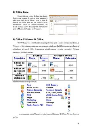 BrOffice Base
É um sistema gestor de base de dados.
Poderosos bancos de dados para servidores
são uma tradição no Linux, mas a falta de
bancos de dados para uso em escritórios ou
residências levou ao desenvolvimento do
Base, além é claro, de competir diretamente
com o Microsoft Access no Windows.
BrOffice X Microsoft Office
O BrOffice pode ser utilizado em computadores com sistema operacional Linux e
Windows. No entanto, para que um arquivo criado no BrOffice possa ser aberto e
editado no Microsoft Office é necessário salvá-lo com a extensão compatível. Veja as
extensões na tabela abaixo.
BrOffice Microsoft Office
Descrição Nome Extens
ão
Nome Extensão
Editor de
texto
Writer
.odt Word .doc
Editor de
apresenta
ção
Impress
.odp PowerPoint . ppt
Planilha
eletrônica
Calc
. ods Excel
. xls
Comparando outros aplicativos:
Iremos estudar neste Manual os principais módulos do BrOffice: Writer, Impress
e Calc.
4
 