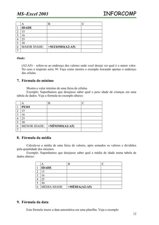 INFORCOMP

MS–Excel 2003
1
2
3
4
5
6
7

A
IDADE
15
16
25
30
MAIOR IDADE:

B

C

=MÁXIMO(A2:A5)

Onde:
(A2:A5) – refere-se ao endereço dos valores onde você deseja ver qual é o maior valor.
No caso a resposta seria 30. Faça como mostra o exemplo trocando apenas o endereço
das células.

7. Fórmula do mínimo
Mostra o valor mínimo de uma faixa de células.
Exemplo: Suponhamos que desejasse saber qual o peso idade de crianças em uma
tabela de dados. Veja a fórmula no exemplo abaixo:
1
2
3
4
5
6
7

A
PESO
15
16
25
30
MENOR IDADE:

B

C

=MÍNIMO(A2:A5)

8. Fórmula da média
Calcula-se a média de uma faixa de valores, após somados os valores e divididos
pela quantidade dos mesmos.
Exemplo: Suponhamos que desejasse saber qual a média de idade numa tabela de
dados abaixo:
1
2
3
4
5
6

A
IDADE
15
16
25
30
MÉDIA IDADE

B

C

=MÉDIA(A2:A5)

9. Fórmula da data
Esta fórmula insere a data automática em uma planilha. Veja o exemplo
12

 