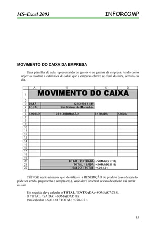 MS–Excel 2003

INFORCOMP

MOVIMENTO DO CAIXA DA EMPRESA
Uma planilha de aula representando os gastos e os ganhos da empresa, tendo como
objetivo mostrar a estatística do saldo que a empresa obteve no final do mês, semana ou
dia.

CÓDIGO serão números que identificam a DESCRIÇÃO do produto (essa descrição
pode ser venda, pagamento e compra etc.), você deve observar se essa descrição vai entrar
ou sair.
Em seguida deve calcular o TOTAL / ENTRADA:=SOMA(C7:C18).
O TOTAL / SAÍDA: =SOMA(D7:D18).
Para calcular o SALDO / TOTAL: =C20-C21.

15

 