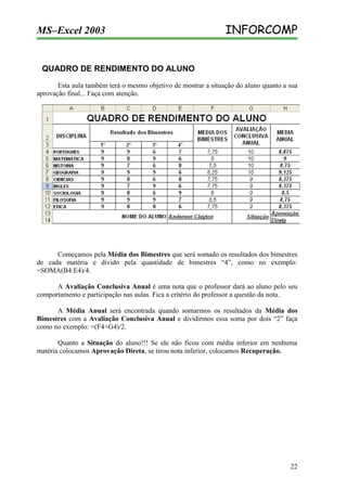 MS–Excel 2003

INFORCOMP

QUADRO DE RENDIMENTO DO ALUNO
Esta aula também terá o mesmo objetivo de mostrar a situação do aluno quanto a sua
aprovação final... Faça com atenção.

Começamos pela Média dos Bimestres que será somado os resultados dos bimestres
de cada matéria e divido pela quantidade de bimestres “4”, como no exemplo:
=SOMA(B4:E4)/4.
A Avaliação Conclusiva Anual é uma nota que o professor dará ao aluno pelo seu
comportamento e participação nas aulas. Fica a critério do professor a questão da nota.
A Média Anual será encontrada quando somarmos os resultados da Média dos
Bimestres com a Avaliação Conclusiva Anual e dividirmos essa soma por dois “2” faça
como no exemplo: =(F4+G4)/2.
Quanto a Situação do aluno!!! Se ele não ficou com média inferior em nenhuma
matéria colocamos Aprovação Direta, se tirou nota inferior, colocamos Recuperação.

22

 