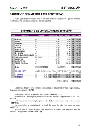 MS–Excel 2003

INFORCOMP

ORÇAMENTO DE MATERIAIS PARA CONSTRUÇÃO
Uma demonstração usada para se ter um balanço e controle de gastos de uma
construção, com relação aos materiais e a mão de obra.

A fórmula do preço total é apenas a multiplicação da quantidade pelo preço unitário,
faça como no exemplo: =D5*E5
O subtotal é a soma de todos os preços totais: =soma(F5:F17)
O horas/dias é a multiplicação da quantidade de horas do dia pelo valor da hora dia:
=D22*C23.
A horas/semana é a multiplicação do total de horas da semana pelo valor da hora:
=E22*C23.
A horas/mês é a multiplicação do total de horas do mês pelo valor da hora:
=F22*C23.
O total geral é a soma do gasto com materiais e a despesa com a mão de obra do
pedreiro e do ajudante: =soma(F19;F23;24).

26

 