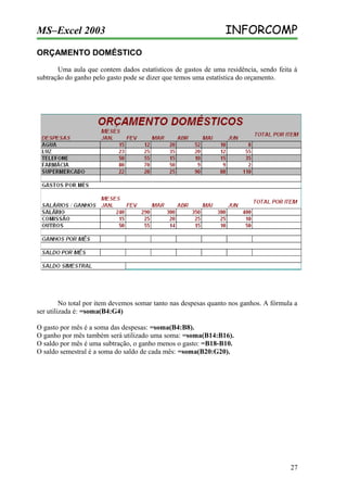 MS–Excel 2003

INFORCOMP

ORÇAMENTO DOMÉSTICO
Uma aula que contem dados estatísticos de gastos de uma residência, sendo feita à
subtração do ganho pelo gasto pode se dizer que temos uma estatística do orçamento.

No total por item devemos somar tanto nas despesas quanto nos ganhos. A fórmula a
ser utilizada é: =soma(B4:G4)
O gasto por mês é a soma das despesas: =soma(B4:B8).
O ganho por mês também será utilizado uma soma: =soma(B14:B16).
O saldo por mês é uma subtração, o ganho menos o gasto: =B18-B10.
O saldo semestral é a soma do saldo de cada mês: =soma(B20:G20).

27

 