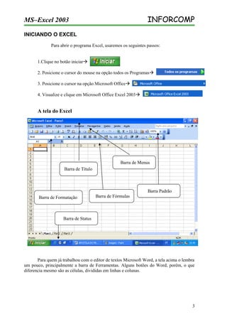INFORCOMP

MS–Excel 2003
INICIANDO O EXCEL

Para abrir o programa Excel, usaremos os seguintes passos:
1.Clique no botão iniciar
2. Posicione o cursor do mouse na opção todos os Programas
3. Posicione o cursor na opção Microsoft Office
4. Visualize e clique em Microsoft Office Excel 2003

A tela do Excel

Barra de Menus
Barra de Título

Barra Padrão
Barra de Formatação

Barra de Fórmulas

Barra de Status

Para quem já trabalhou com o editor de textos Microsoft Word, a tela acima o lembra
um pouco, principalmente a barra de Ferramentas. Alguns botões do Word, porém, o que
diferencia mesmo são as células, divididas em linhas e colunas.

3

 