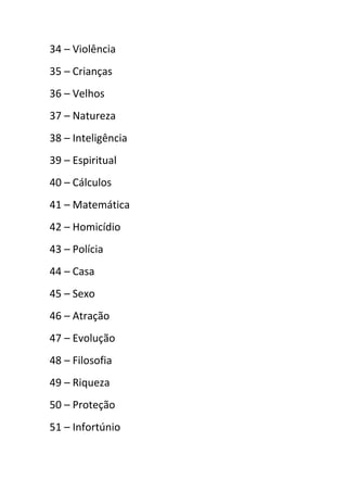 34 – Violência
35 – Crianças
36 – Velhos
37 – Natureza
38 – Inteligência
39 – Espiritual
40 – Cálculos
41 – Matemática
42 – Homicídio
43 – Polícia
44 – Casa
45 – Sexo
46 – Atração
47 – Evolução
48 – Filosofia
49 – Riqueza
50 – Proteção
51 – Infortúnio
 