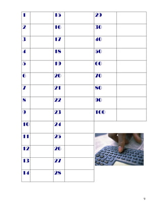 9
1 15 29
2 16 30
3 17 40
4 18 50
5 19 60
6 20 70
7 21 80
8 22 90
9 23 100
10 24
11 25
12 26
13 27
14 28
 