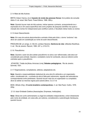 Projeto Integrador I – Profa. Alexsandra Machado
2.1.4 Mais de três Autores
BRITO, Edson Vianna, et al. Imposto de renda das pessoas físicas: livro prático de consulta
diária. 6. ed. atual. São Paulo: Frase Editora, 1996. 288 p.
Nota: Quando houver mais de três autores, indicar apenas o primeiro, acrescentando-se a
expressão et al. Em casos específicos tais como projetos de pesquisa científica nos quais a
menção dos nomes for indispensável para certificar autoria, é facultado indicar todos os nomes.
2.1.5 Autor Desconhecido
Nota: Em caso de autoria desconhecida a entrada é feita pelo título. o termo “anônimo” não
deve ser usado em substituição ao nome do autor desconhecido.
PROCURA-SE um amigo. In: SILVA, Lenilson Naveira. Gerência da vida: reflexões filosóficas.
3. ed. Rio de Janeiro: Record, 1990. 247. p. 212-213.
2.1.6 Pseudônimo:
Nota: Quando o autor da obra adotar pseudônimo na obra a ser referenciada, este deve ser
considerado para entrada. Quando o verdadeiro nome for conhecido, deve-se indicá-lo entre
colchetes após o pseudônimo.
ATHAYDE, Tristão de [Alceu Amoroso Lima]. Debates pedagógicos. Rio de Janeiro:
Schmidt, 1931.
2.1.7 Organizadores, compiladores, editores, adaptadores etc.
Nota: Quando a responsabilidade intelectual de uma obra for atribuída a um organizador,
editor, coordenador etc., a entrada da obra é feita pelo sobrenome, seguido das abreviaturas
correspondentes entre parênteses. Quando houver mais de um organizador ou compilador,
deve-se adotar as mesmas regras para autoria (itens: 2 a 2.1.4)
BOSI, Alfredo (Org.). O conto brasileiro contemporâneo. 3. ed. São Paulo: Cultrix, 1978.
293p.
2.1.8 Autor Entidade Coletiva (Associações, Empresas, Instituições).
Nota: Obras de cunho administrativo ou legal de entidades independentes, entrar diretamente
pelo nome da entidade, em caixa alta, por extenso, considerando a subordinação hierárquica,
quando houver.
59
 