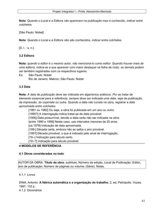 Projeto Integrador I – Profa. Alexsandra Machado
Nota: Quando o Local e a Editora não aparecem na publicação mas é conhecido, indicar entre
colchetes.
[São Paulo: Nobel]
Nota: Quando o Local e a Editora não são conhecidos, indicar entre colchetes.
[S. l. : s. n.]
3.2 Editora
Nota: quando o editor é o mesmo autor, não mencioná-lo como editor. Quando houver mais de
uma editora, indica-se a que aparecer com maior destaque na folha de rosto, as demais podem
ser também registradas com os respectivos lugares.
Ex: São Paulo: Nobel
Rio de Janeiro: Makron; São Paulo: Nobel
3.3 Data
Nota: A data de publicação deve ser indicada em algarismos arábicos. Por se tratar de
elemento essencial para a referência, sempre deve ser indicada uma data, seja da publicação,
da impressão, do copirraite ou outra. Quando a data não consta na obra, registrar a data
aproximada entre colchetes.
[1981 ou 1982] Ou seja, a obra foi publicada em um ano ou outro.
[1995?] A interrogação indica tratar-se de data provável.
[1995] Data presumível, devido a data certa não ser indicada na obra.
[entre 1990 e 1998] Neste caso, use intervalos menores de 20 anos.
[ca.1978] Indicação de data aproximada.
[199-] Década certa, embora não se saiba o ano provável.
[199?] Década provável, o que é indicado pelo sinal de interrogação.
[19--] Indicação para século certo.
[19--?] Indicação para século provável
4 MODELOS DE REFERÊNCIA
4.1 Obras consideradas no todo
AUTOR DA OBRA. Título da obra: subtítulo. Número da edição. Local de Publicação: Editor,
ano de publicação. Número de páginas ou volume. (Série). Notas.
4.1.1 Livros
DINA, Antonio. A fábrica automática e a organização do trabalho. 2. ed. Petrópolis: Vozes,
1987. 132 p.
4.1.2 Dicionários
61
 