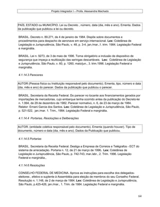 Projeto Integrador I – Profa. Alexsandra Machado
PAÍS, ESTADO ou MUNICÍPIO. Lei ou Decreto , número, data (dia, mês e ano). Ementa. Dados
da publicação que publicou a lei ou decreto.
BRASIL. Decreto n. 89.271, de 4 de janeiro de 1984. Dispõe sobre documentos e
procedimentos para despacho de aeronave em serviço internacional. Lex: Coletânea de
Legislação e Jurisprudência, São Paulo, v. 48, p. 3-4, jan./mar.,1. trim. 1984. Legislação Federal
e marginália.
BRASIL. Lei n. 9273, de 3 de maio de 1996. Torna obrigatório a inclusão de dispositivo de
segurança que impeça a reutilização das seringas descartáveis. Lex: Coletânea de Legislação
e Jurisprudência, São Paulo, v. 60, p. 1260, maio/jun., 3. trim.1996. Legislação Federal e
marginália.
4.1.14.3 Pareceres
AUTOR (Pessoa física ou Instituição responsável pelo documento). Ementa, tipo, número e data
(dia, mês e ano) do parecer. Dados da publicação que publicou o parecer.
BRASIL. Secretaria da Receita Federal. Do parecer no tocante aos financiamentos gerados por
importações de mercadorias, cujo embarque tenha ocorrido antes da publicação do Decreto-lei
n. 1.994, de 29 de dezembro de 1982. Parecer normativo, n. 6, de 23 de março de 1984.
Relator: Ernani Garcia dos Santos. Lex: Coletânea de Legislação e Jurisprudência, São Paulo,
p. 521-522, jan./mar. 1. Trim., 1984. Legislação Federal e marginália.
4.1.14.4 Portarias, Resoluções e Deliberações
AUTOR. (entidade coletiva responsável pelo documento). Ementa (quando houver). Tipo de
documento, número e data (dia, mês e ano). Dados da Publicação que publicou.
4.1.14.5 Portarias
BRASIL. Secretaria da Receita Federal. Desliga a Empresa de Correios e Telégrafos - ECT do
sistema de arrecadação. Portaria n. 12, de 21 de março de 1996. Lex: Coletânea de
Legislação e Jurisprudência, São Paulo, p. 742-743, mar./abr., 2. Trim. 1996. Legislação
Federal e marginália.,
4.1.14.6 Resoluções
CONSELHO FEDERAL DE MEDICINA. Aprova as instruções para escolha dos delegados-
eleitores , efetivo e suplente à Assembléia para eleição de membros do seu Conselho Federal.
Resolução n. 1.148, de 2 de março de 1984. Lex: Coletânea de Legislação e Jurisprudência,
São Paulo, p.425-426, jan./mar., 1. Trim. de 1984. Legislação Federal e marginália.
64
 
