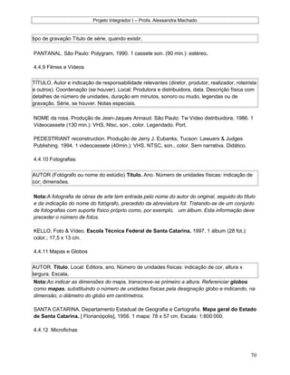 Projeto Integrador I – Profa. Alexsandra Machado
tipo de gravação Título de série, quando existir.
PANTANAL. São Paulo: Polygram, 1990. 1 cassete son. (90 min.): estéreo.
4.4.9 Filmes e Vídeos
TÍTULO. Autor e indicação de responsabilidade relevantes (diretor, produtor, realizador, roteirista
e outros). Coordenação (se houver). Local: Produtora e distribuidora, data. Descrição física com
detalhes de número de unidades, duração em minutos, sonoro ou mudo, legendas ou de
gravação. Série, se houver. Notas especiais.
NOME da rosa. Produção de Jean-Jaques Annaud. São Paulo: Tw Vídeo distribuidora, 1986. 1
Videocassete (130 min.): VHS, Ntsc, son., color. Legendado. Port.
PEDESTRIANT reconstruction. Produção de Jerry J. Eubanks, Tucson: Lawuers & Judges
Publishing. 1994. 1 videocassete (40min.): VHS. NTSC, son., color. Sem narrativa. Didático.
4.4.10 Fotografias
AUTOR (Fotógrafo ou nome do estúdio) Título. Ano. Número de unidades físicas: indicação de
cor; dimensões.
Nota:A fotografia de obras de arte tem entrada pelo nome do autor do original, seguido do título
e da indicação do nome do fotógrafo, precedido da abreviatura fot. Tratando-se de um conjunto
de fotografias com suporte físico próprio como, por exemplo, um álbum. Esta informação deve
preceder o número de fotos.
KELLO, Foto & Vídeo. Escola Técnica Federal de Santa Catarina. 1997. 1 álbum (28 fot.):
color.; 17,5 x 13 cm.
4.4.11 Mapas e Globos
AUTOR. Título. Local: Editora, ano. Número de unidades físicas: indicação de cor, altura x
largura. Escala.
Nota:Ao indicar as dimensões do mapa, transcreve-se primeiro a altura. Referenciar globos
como mapas, substituindo o número de unidades físicas pela designação globo e indicando, na
dimensão, o diâmetro do globo em centímetros.
SANTA CATARINA. Departamento Estadual de Geografia e Cartografia. Mapa geral do Estado
de Santa Catarina. [ Florianópolis], 1958. 1 mapa: 78 x 57 cm. Escala: 1:800:000.
4.4.12 Microfichas
70
 