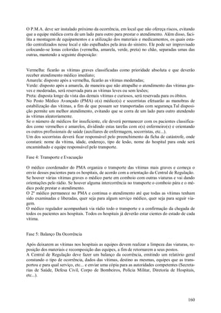 O P.M.A. deve ser instalado próximo da ocorrência, em local que não ofereça riscos, evitando
que a equipe médica corra de um lado para outro para prestar o atendimento. Além disso, faci-
lita a montagem de equipamentos e a utilização dos materiais e medicamentos, os quais esta-
rão centralizados nesse local e não espalhados pela área do sinistro. Ele pode ser improvisado
colocando-se lonas coloridas (vermelha, amarela, verde, preta) no chão, separadas umas das
outras, mantendo a seguinte disposição:


Vermelha: ficarão as vítimas graves classificadas como prioridade absoluta e que deverão
receber atendimento médico imediato;
Amarela: disposto após a vermelha, ficarão as vítimas moderadas;
Verde: disposto após a amarela, de maneira que não atrapalhe o atendimento das vítimas gra-
ves e moderadas, será reservada para as vítimas leves ou sem lesões;
Preta: disposta longe da vista das demais vítimas e curiosos, será reservada para os óbitos.
No Posto Médico Avançado (PMA) o(s) médico(s) e socorristas efetuarão as manobras de
estabilização das vítimas, a fim de que possam ser transportadas com segurança.Tal disposi-
ção permite um melhor atendimento, evitando que se corra de um lado para outro atendendo
às vítimas aleatoriamente.
Se o número de médicos for insuficiente, ele deverá permanecer com os pacientes classifica-
dos como vermelhos e amarelos, dividindo estas tarefas com o(s) enfermeiro(s) e orientando
os outros profissionais de saúde (auxiliares de enfermagem, socorristas, etc...).
Um dos socorristas deverá ficar responsável pelo preenchimento da ficha de catástrofe, onde
constará: nome da vítima, idade, endereço, tipo de lesão, nome do hospital para onde será
encaminhado e equipe responsável pelo transporte.

Fase 4: Transporte e Evacuação

O médico coordenador do PMA organiza o transporte das vítimas mais graves e começa o
envio desses pacientes para os hospitais, de acordo com a orientação da Central de Regulação.
Se houver várias vítimas graves o médico parte em comboio com outras viaturas e vai dando
orientações pelo rádio. Se houver alguma intercorrência no transporte o comboio pára e o mé-
dico pode prestar o atendimento.
O 2º médico permanece no PMA e continua o atendimento até que todas as vítimas tenham
sido examinadas e liberadas, quer seja para algum serviço médico, quer seja para seguir via-
gem.
O médico regulador acompanhará via rádio todo o transporte e a confirmação da chegada de
todos os pacientes aos hospitais. Todos os hospitais já deverão estar cientes do estado de cada
vítima.


Fase 5: Balanço Da Ocorrência

Após deixarem as vítimas nos hospitais as equipes devem realizar a limpeza das viaturas, re-
posição dos materiais e recomposição das equipes, a fim de retornarem a seus postos.
A Central de Regulação deve fazer um balanço da ocorrência, emitindo um relatório geral
constando o tipo de ocorrência, dados das vítimas, destino as mesmas, equipes que as trans-
portou e para qual serviço, etc... e enviar uma cópia para as autoridades competentes (Secreta-
rias de Saúde, Defesa Civil, Corpo de Bombeiros, Polícia Militar, Diretoria de Hospitais,
etc...).




                                                                                           160
 