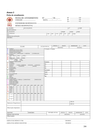 Anexo 3
Ficha de atendimento
               FICHA DE ATENDIMENTO                                       No................./ 20...........       J9 ..................... J10 .....................
               UNIDADE: ...............................                                                            J9 ..................... J10 .....................
                                                                              DATA: ........../.........../ ..........
                                                                                                                   J11 ..................... J12 .....................
               ENFERMEIRO RESPONSÁVEL: ......................................................................................................................................
               MÉDICO RESPONSÁVEL: ................................................................................................................................................
I   BAIRRO                           RUA PACIENTE                                                                                   NO                    COMP
D   REFERÊNCIA
E   PACIENTE                                                                                                             IDADE           SEXO         FONE
N   CONTATO                                                                            FAM     AMI       T EST    MED       SOC     POL      FONE
T
MOTIVO DA ATIVAÇÃO
HISTÓRIA




                                                                                                   CRÍTICO               GRAVE            MODERADO                  LEVE
                          EXAME                                       ESTADO INICIAL
                                                                                                             INSTÁVEL                                 ESTÁVEL
R   NORMAL                                                                       Evolução e Conduta
    OBSTRUÇÃO VENTILATÓRIA
E   INSUFICIÊNCIA RESP AGUDA
S   PARADA VENTILATÓRIA
P   VENTILAÇÃO     ESPONTÂNEA      ASSISTIDA     CONTROLADA
C   NORMAL
    DOR TORÁCI- TÍPICA       ATÍPICA
Á   CA
R   PRESS ART      HIPO      HIPER
D   CHOQUE HIPOV         SEP
              CÁRDI      ANAF
    PARADA CÁRDIO RESPIR
                                                                                 HORÁRIO
N   NORMAL
    GLASGOW                                                                      PA
E   PUPILAS        MIOSE MIDRÍASE         REAGENT    NÃO REAG
U   DÉFICIT            SENSITIVO                  MOTOR                          FC
R   CONVULSÃO
    SD MENÍNGEA                                                                  FR
E   NORMAL                                                                       GLASGOW
    CORONÁRIA
C   ALT RITMO                                                                    TEMP
G
    ALT CONDUÇÃO                                                                 Sat O2
A   NORMAL
    DOR                                                                          Hgt
B   DEFESA
D   CONTRATURA
G   ABORTAMENTO     AMEAÇA           ESPONTÂNEO           PROVOCADO
    PARTO A TERMO
I   PARTO PRÉ-TERMO
N   PARTO PÓS-TERMO
O   METRORRAGIA
             CRÂ   FAC       COL     TÓR    BAC   MSD    MSE    MID     MIE
T
    CONT
R   FERIM
A   LUXA
U   FRAT
M   LACE
    SECÇ
             CAB   PESC      T ANT   TPOS   PER   MSD    MSE    MID     MIE
Q       I
U
E      II
I
       III
M
                                                                                                                                         CID 10
Hipótese(s) Diagnóstica(s)
                                                                                                                                         CID 10


Observações Importantes


DESTINO                                      HORÁRIO                                      ESTADO ATUAL             CRÍTICO          GRAVE           MODERADO            LEVE
MÉDICO RECEPTOR                                                                                                              INSTÁVEL                        ESTÁVEL
Observações


ASSINATURA MÉDICO UTIM: .......………………………………………………………..…………..................………….                                                CREMESC:…………………………………..
ASSINATURA MÉDICO RECEPTOR:……………………………………………………................………………..………                                                       CREMESC:…………………………………..

                                                                                                                                                                    208
 