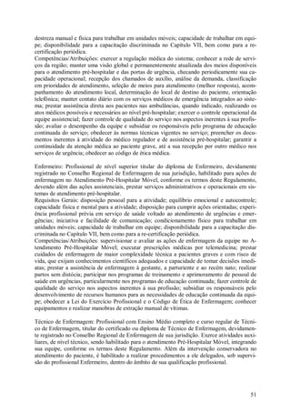 destreza manual e física para trabalhar em unidades móveis; capacidade de trabalhar em equi-
pe; disponibilidade para a capacitação discriminada no Capítulo VII, bem como para a re-
certificação periódica.
Competências/Atribuições: exercer a regulação médica do sistema; conhecer a rede de servi-
ços da região; manter uma visão global e permanentemente atualizada dos meios disponíveis
para o atendimento pré-hospitalar e das portas de urgência, checando periodicamente sua ca-
pacidade operacional; recepção dos chamados de auxílio, análise da demanda, classificação
em prioridades de atendimento, seleção de meios para atendimento (melhor resposta), acom-
panhamento do atendimento local, determinação do local de destino do paciente, orientação
telefônica; manter contato diário com os serviços médicos de emergência integrados ao siste-
ma; prestar assistência direta aos pacientes nas ambulâncias, quando indicado, realizando os
atos médicos possíveis e necessários ao nível pré-hospitalar; exercer o controle operacional da
equipe assistencial; fazer controle de qualidade do serviço nos aspectos inerentes à sua profis-
são; avaliar o desempenho da equipe e subsidiar os responsáveis pelo programa de educação
continuada do serviço; obedecer às normas técnicas vigentes no serviço; preencher os docu-
mentos inerentes à atividade do médico regulador e de assistência pré-hospitalar; garantir a
continuidade da atenção médica ao paciente grave, até a sua recepção por outro médico nos
serviços de urgência; obedecer ao código de ética médica.

Enfermeiro: Profissional de nível superior titular do diploma de Enfermeiro, devidamente
registrado no Conselho Regional de Enfermagem de sua jurisdição, habilitado para ações de
enfermagem no Atendimento Pré-Hospitalar Móvel, conforme os termos deste Regulamento,
devendo além das ações assistenciais, prestar serviços administrativos e operacionais em sis-
temas de atendimento pré-hospitalar.
Requisitos Gerais: disposição pessoal para a atividade; equilíbrio emocional e autocontrole;
capacidade física e mental para a atividade; disposição para cumprir ações orientadas; experi-
ência profissional prévia em serviço de saúde voltado ao atendimento de urgências e emer-
gências; iniciativa e facilidade de comunicação; condicionamento físico para trabalhar em
unidades móveis; capacidade de trabalhar em equipe; disponibilidade para a capacitação dis-
criminada no Capítulo VII, bem como para a re-certificação periódica.
Competências/Atribuições: supervisionar e avaliar as ações de enfermagem da equipe no A-
tendimento Pré-Hospitalar Móvel; executar prescrições médicas por telemedicina; prestar
cuidados de enfermagem de maior complexidade técnica a pacientes graves e com risco de
vida, que exijam conhecimentos científicos adequados e capacidade de tomar decisões imedi-
atas; prestar a assistência de enfermagem à gestante, a parturiente e ao recém nato; realizar
partos sem distócia; participar nos programas de treinamento e aprimoramento de pessoal de
saúde em urgências, particularmente nos programas de educação continuada; fazer controle de
qualidade do serviço nos aspectos inerentes à sua profissão; subsidiar os responsáveis pelo
desenvolvimento de recursos humanos para as necessidades de educação continuada da equi-
pe; obedecer a Lei do Exercício Profissional e o Código de Ética de Enfermagem; conhecer
equipamentos e realizar manobras de extração manual de vítimas.

Técnico de Enfermagem: Profissional com Ensino Médio completo e curso regular de Técni-
co de Enfermagem, titular do certificado ou diploma de Técnico de Enfermagem, devidamen-
te registrado no Conselho Regional de Enfermagem de sua jurisdição. Exerce atividades auxi-
liares, de nível técnico, sendo habilitado para o atendimento Pré-Hospitalar Móvel, integrando
sua equipe, conforme os termos deste Regulamento. Além da intervenção conservadora no
atendimento do paciente, é habilitado a realizar procedimentos a ele delegados, sob supervi-
são do profissional Enfermeiro, dentro do âmbito de sua qualificação profissional.




                                                                                             51
 