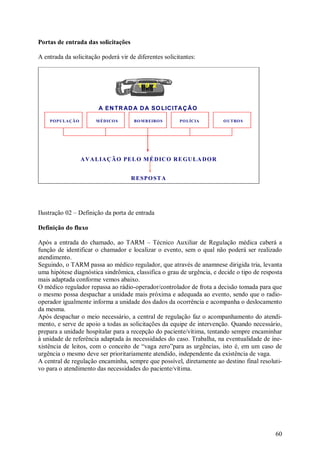 Portas de entrada das solicitações

A entrada da solicitação poderá vir de diferentes solicitantes:



                                          1 9 2


                            A EN TR AD A D A SO LIC ITA Ç Ã O

    PO P U LA Ç Ã O        M ÉD ICO S    BO M B EIRO S   PO LÍCIA         O U TRO S




                      A V A LIA Ç Ã O PE L O M É D IC O R E GU LA D O R


                                        R ESP O ST A




Ilustração 02 – Definição da porta de entrada

Definição do fluxo

Após a entrada do chamado, ao TARM – Técnico Auxiliar de Regulação médica caberá a
função de identificar o chamador e localizar o evento, sem o qual não poderá ser realizado
atendimento.
Seguindo, o TARM passa ao médico regulador, que através de anamnese dirigida tria, levanta
uma hipótese diagnóstica sindrômica, classifica o grau de urgência, e decide o tipo de resposta
mais adaptada conforme vemos abaixo.
O médico regulador repassa ao rádio-operador/controlador de frota a decisão tomada para que
o mesmo possa despachar a unidade mais próxima e adequada ao evento, sendo que o radio-
operador igualmente informa a unidade dos dados da ocorrência e acompanha o deslocamento
da mesma.
Após despachar o meio necessário, a central de regulação faz o acompanhamento do atendi-
mento, e serve de apoio a todas as solicitações da equipe de intervenção. Quando necessário,
prepara a unidade hospitalar para a recepção do paciente/vítima, tentando sempre encaminhar
à unidade de referência adaptada às necessidades do caso. Trabalha, na eventualidade de ine-
xistência de leitos, com o conceito de “vaga zero”para as urgências, isto é, em um caso de
urgência o mesmo deve ser prioritariamente atendido, independente da existência de vaga.
A central de regulação encaminha, sempre que possível, diretamente ao destino final resoluti-
vo para o atendimento das necessidades do paciente/vítima.




                                                                                            60
 