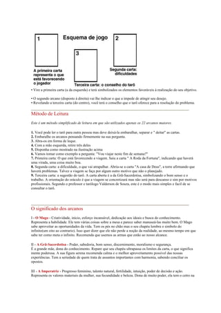• Vire a primeira carta (a da esquerda) e terá simbolizados os elementos favoráveis à realização do seu objetivo.

• O segundo arcano (disposto à direita) vai lhe indicar o que a impede de atingir seu desejo.
• Revelando a terceira carta (do centro), você terá o conselho que o tarô oferece para a resolução do problema.


Método de Leitura
Este é um método simplificado de leitura em que são utilizados apenas os 22 arcanos maiores.

1. Você pode ler o tarô para outra pessoa mas deve deixá-la embaralhar, separar e " deitar" as cartas.
2. Embaralhe os arcanos pensando firmemente na sua pergunta.
3. Abra-os em forma de leque.
4. Com a mão esquerda, retire três deles
5. Disponha como mostrado na ilustração acima
6. Vamos tomar como exemplo a pergunta: "Vou viajar neste fim de semana?"
7. Primeira carta: O que está favorecendo a viagem. Saiu a carta " A Roda da Fortuna", indicando que haverá
uma virada, uma coisa muito boa.
8. Segunda carta: a dificuldade, o que vai atrapalhar. Abriu-se a carta "A casa de Deus", a torre afirmando que
haverá problemas. Talvez a viagem se faça por algum outro motivo que não o planejado.
9. Terceira carta: a sugestão do tarô. A carta aberta é a da Grã-Sacerdotisa, simbolizando o bom senso e o
trabalho. A orientação do oráculo é que a viagem se concretizará mas não será para descanso e sim por motivos
profissionais. Segundo o professor e tarólogo Valderson de Souza, este é o modo mais simples e facil de se
consultar o tarô.




O significado dos arcanos
I - O Mago - Criatividade, início, esforço incansável, dedicação aos ideais e busca do conhecimento.
Representa a habilidade. Ele tem várias coisas sobre a mesa e parece saber manuseá-las muito bem. O Mago
sabe aproveitar as oportunidades da vida. Tem os pés no chão mas o seu chapéu lembra o simbolo do
infinito(um oito ao contrario). Isso quer dizer que ele não perde a noção da realidade, ao mesmo tempo em que
sabe ter como meta o infinito. Recomenda que usemos as armas que estão ao nosso alcance.

II - A Grã-Sacerdotisa - Poder, sabedoria, bom senso, discernimento, moralismo e segurança.
É a grande mãe, dona do conhecimento. Repare que seu chapéu ultrapassa os limites da carta, o que significa
mente poderosa. A sua figura serena recomenda calma e o melhor aproveitamento possível das nossas
experiências. Tem a seriedade de quem trata de assuntos importantes com harmonia, sabendo conciliar os
opostos.

III - A Imperatriz - Progresso feminino, talento natural, fertilidade, intuição, poder de decisão e ação.
Representa os valores materiais da mulher, sua fecundidade e beleza. Dona de muito poder, ela tem o cetro na
 