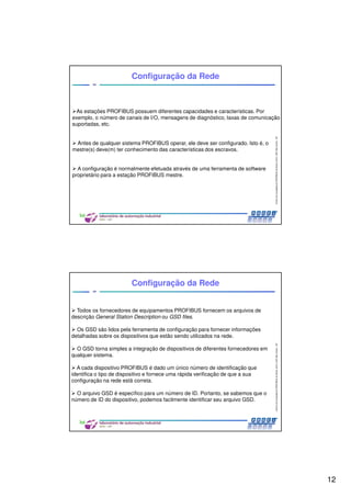 12
CentrodeCompetênciaPROFIBUSdoBrasil,2010,USPSãoCarlos-SP
23
Configuração da Rede
As estações PROFIBUS possuem diferentes capacidades e características. Por
exemplo, o número de canais de I/O, mensagens de diagnóstico, taxas de comunicação
suportadas, etc.
Antes de qualquer sistema PROFIBUS operar, ele deve ser configurado. Isto é, o
mestre(s) deve(m) ter conhecimento das características dos escravos.
A configuração é normalmente efetuada através de uma ferramenta de software
proprietário para a estação PROFIBUS mestre.
CentrodeCompetênciaPROFIBUSdoBrasil,2010,USPSãoCarlos-SP
24
Configuração da Rede
Todos os fornecedores de equipamentos PROFIBUS fornecem os arquivos de
descrição General Station Description ou GSD files.
Os GSD são lidos pela ferramenta de configuração para fornecer informações
detalhadas sobre os dispositivos que estão sendo utilizados na rede.
O GSD torna simples a integração de dispositivos de diferentes fornecedores em
qualquer sistema.
A cada dispositivo PROFIBUS é dado um único número de identificação que
identifica o tipo de dispositivo e fornece uma rápida verificação de que a sua
configuração na rede está correta.
O arquivo GSD é específico para um número de ID. Portanto, se sabemos que o
número de ID do dispositivo, podemos facilmente identificar seu arquivo GSD.
 
