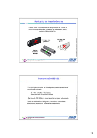 19
CentrodeCompetênciaPROFIBUSdoBrasil,2010,USPSãoCarlos-SP
37
Redução de Interferências
Quando existe a possibilidade de acoplamento de ruídos, os
cabos de rede devem ser instalados se possível em eletro
dutos metálicos próprios.
Por que não
plástico?
Por que não
grade?
Calhas
metálicas
sólidas
CentrodeCompetênciaPROFIBUSdoBrasil,2010,USPSãoCarlos-SP
38
• O comprimento máximo de um segmento depende da taxa de
comunicação utilizada:
• de 100m em altas velocidades.
• até 1000m em baixas velocidades.
• O protocolo RS-485 é um sistema de transmissão balanceado.
• Antes de entender o que significa um sistema balanceado,
verifiquemos primeiro um sistema não balanceado.
Transmissão RS485
 