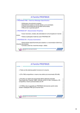 3
CentrodeCompetênciaPROFIBUSdoBrasil,2010,USPSãoCarlos-SP
5
A Família PROFIBUS
PROFIBUS FMS - Field bus Message Specification
• Sofisticada e de protocolo complexo.
• Originalmente usado no nível de células ou do controlador.
• Fornece transmissão flexível de dados estruturados.
• FMS já não é suportado pela PI.
PROFIBUS DP - Descentralize Periphery
• Custo mais baixo, simples, alta velocidade em comunicações em nível de
campo.
• Todas as aplicações modernas usam PROFIBUS DP.
PROFIBUS PA - Process Automation
• Desenvolvido especificamente para substituir o a transmissão 4-20mA nas
industrias de processo.
• Conexão a dois fios: transmite energia + dados.
CentrodeCompetênciaPROFIBUSdoBrasil,2010,USPSãoCarlos-SP
6
A Família PROFIBUS
Todos os três sistemas podem funcionar em conjunto.
DP e FMS compartilham o mesmo meio elétrico de transmissão (RS-485).
PA utiliza um sistema de transmissão elétrica diferente chamado
"Manchester Bus Powered" (MBP), definido na IEC 61158-2. Entretanto o PA
compartilha o mesmo protocolo básico do DP.
O FMS já não é suportado por PROFIBUS Internacional, porém ainda
existem instalações FMS que funcionam bem.
 