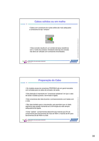 33
CentrodeCompetênciaPROFIBUSdoBrasil,2010,USPSãoCarlos-SP
65
Cabos sólidos ou em malha
• Cabos com condutores de núcleo sólido são mais adequados
a conectores do tipo “vampiro”
• Esta conexão resulta em um contato de baixa resistência
com o núcleo do condutor. Entretanto este tipo de conexão
não deve ser utilizado com condutores encordoados.
CentrodeCompetênciaPROFIBUSdoBrasil,2010,USPSãoCarlos-SP
66
• Os modelos atuais de conectores PROFIBUS são em geral marcados
com entradas para os cabos de entrada e de saída.
• Esta distinção é importante em “conectores isoladores” em que o cabo
de saída é isolado quando o terminador é ligado.
• Este conectores são úteis durante o comissionamento e em testes com
a rede.
• São úteis também para a manutenção, pois permitem que um dado
segmento seja isolado mantendo-se a terminação da rede sempre
adequadamente ligada.
• Evitar “splices” (comprimentos descontínuos) maiores que 2% do
comprimento para barramentos de mais de 400m e maiores de 8m para
barramentos de até 400m no total.
Preparação do Cabo
 