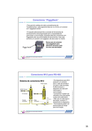 35
CentrodeCompetênciaPROFIBUSdoBrasil,2010,USPSãoCarlos-SP
69
Conectores “PiggyBack”
• Para permitir análises de rede e procedimentos de
“troubleshooting”, cada segmento deve ter no mínimo um conector
com “piggyback socket”.
• O soquete adicional permite a conexão de ferramentas de
monitoramento e de programação sem a necessidade de
interromper a comunicação. A posição ideal dos conectores com
Piggybacks são nas extremidades do barramentos. Caso seja
somente um conector com piggback, ele deve estar no mestre.
Nunca use um conector
com piggyback para
adicionar escravos, pois
irá criar uma derivação!
CentrodeCompetênciaPROFIBUSdoBrasil,2010,USPSãoCarlos-SP
70
Conectores M12 para RS-485
• Os dispositivos para M12
possuem um conector
para o cabo de entrada e
um para o cabo de saída.
É difícil remover o
dispositivo da rede sem
interromper a
comunicação.
• Conectores T podem ser
utilizados como derivações
curtas como alternativa.
• Não use um cabo para a
derivação, conecte o T
diretamente no dispositivo.
• Terminadores podem ser
posicionados em plugs
para terminação.
Sistema de conectores M12
 