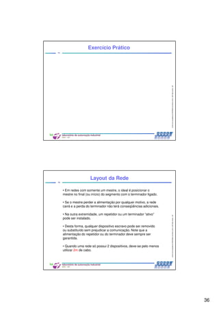 36
CentrodeCompetênciaPROFIBUSdoBrasil,2010,USPSãoCarlos-SP
71
Exercício Prático
CentrodeCompetênciaPROFIBUSdoBrasil,2010,USPSãoCarlos-SP
72
Layout da Rede
• Em redes com somente um mestre, o ideal é posicionar o
mestre no final (ou início) do segmento com o terminador ligado.
• Se o mestre perder a alimentação por qualquer motivo, a rede
cairá e a perda do terminador não terá conseqüências adicionais.
• Na outra extremidade, um repetidor ou um terminador “ativo”
pode ser instalado.
• Desta forma, qualquer dispositivo escravo pode ser removido
ou substituído sem prejudicar a comunicação. Note que a
alimentação do repetidor ou do terminador deve sempre ser
garantida.
• Quando uma rede só possui 2 dispositivos, deve-se pelo menos
utilizar 2m de cabo.
 