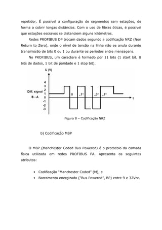 repetidor. É possível a configuração de segmentos sem estações, de
forma a cobrir longas distâncias. Com o uso de fibras óticas, é possível
que estações escravos se distanciem alguns kilômetros.
Redes PROFIBUS DP trocam dados segundo a codificação NRZ (Non
Return to Zero), onde o nível de tensão na linha não se anula durante
transmissão de bits 0 ou 1 ou durante os períodos entre mensagens.
No PROFIBUS, um caractere é formado por 11 bits (1 start bit, 8
bits de dados, 1 bit de paridade e 1 stop bit).
Figura 8 – Codificação NRZ
b) Codificação MBP
O MBP (Manchester Coded Bus Powered) é o protocolo da camada
física utilizada em redes PROFIBUS PA. Apresenta os seguintes
atributos:
• Codificação “Manchester Coded” (M), e
• Barramento energizado (“Bus Powered”, BP) entre 9 e 32Vcc.
 