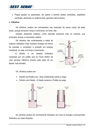 Operador de guincho Munck -15-
 Peças gastas ou quebradas. Se operar a bomba nestas condições, espalhará
partículas abrasivas no sistema todo, gerando sérios danos.
c. Cilindros
Os cilindros, podem ser comparados aos músculos do nosso corpo, de ação
linear, porque fornecem força e movimento em linha reta.
Existem atuadores rotativos, como exemplo podemos citar os motores, que
produzem torque e movimento rotativo.
Os cilindros são considerados a saída do
sistema hidráulica. Eles recebem energia em forma
de pressão e convertem a pressão em energia
mecânica, ou seja, em força e movimento.
O cilindro é um atuador hidráulico
composto por um pistão que se move dentro de
uma carcaça cilíndrica provido pela ação de um
líquido sob pressão.
Os cilindros podem ser:
 Cilindro de Pistão Liso - Atua diretamente sobre a carga
 Cilindro com Haste - A Haste conecta o Pistão na carga
Os cilindros podem ter acionamento hidráulico em uma só direção e acionamento
hidráulico em duas direções.
 