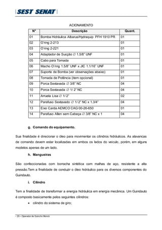 - 20 – Operador de Guincho Munck
ACIONAMENTO
N° Descrição Quant.
01 Bomba Hidráulica Albarus/Hydraquip PFH 1910 PR 01
02 O’ring 2-213 01
03 O’ring 2-221 01
04 Adaptador de Sucção  1.5/8” UNF 01
05 Cabo para Tomada 01
06 Macho O’ring 1.5/8” UNF x JIC 1.1/16” UNF 01
07 Suporte de Bomba (ver observações abaixo) 01
08 Tomada de Potência (item opcional) 01
09 Porca Sextavada  3/8” NC 04
10 Porca Sextavada  1/ 2” NC 04
11 Arruela Lisa  1/ 2” 02
12 Parafuso Sextavado  1/ 2” NC x 1.3/4” 04
13 Eixo Carda AEMCO CAG 00-26-650 01
14 Parafuso Allen sem Cabeça  3/8” NC x 1 04
g. Comando do equipamento.
Sua finalidade é direcionar o óleo para movimentar os cilindros hidráulicos. As alavancas
de comando devem estar localizadas em ambos os lados do veiculo, porém, em alguns
modelos apenas de um lado.
h. Mangueiras
São confeccionadas com borracha sintética com malhas de aço, resistente a alta
pressão.Tem a finalidade de conduzir o óleo hidráulico para os diversos componentes do
Guindauto.
i. Cilindro
Tem a finalidade de transformar a energia hidráulica em energia mecânica. Um Guindauto
é composto basicamente pelos seguintes cilindros:
 cilindro do sistema de giro;
 