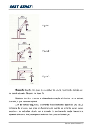 Operador de guincho Munck -27-
Figura 1
Figura 2
Figura 3
Resposta: Quanto mais longe o peso estiver da coluna, maior será o esforço que
ela estará sofrendo. (No caso é a figura 3).
Devemos também, observar a existência de uma placa indicativa bem a vista do
operador, a qual deve ser seguida.
Afim de oferecer segurança, o comando do equipamento é dotado de uma válvula
limitadora de pressão, que entra em funcionamento quando se pretende elevar cargas
superiores as indicadas, desde que a pressão do equipamento esteja devidamente
regulada dentro das relações especificadas nas instruções de manutenção.
 
