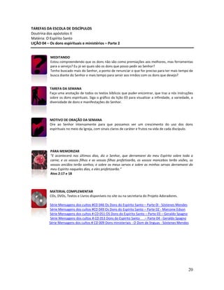 20
TAREFAS DA ESCOLA DE DISCÍPULOS
Doutrina dos apóstolos II
Matéria: O Espírito Santo
LIÇÃO 04 – Os dons espirituais e ministérios – Parte 2
MEDITANDO
Estou compreendendo que os dons não são como premiações aos melhores, mas ferramentas
para o serviço? Eu já sei quais são os dons que posso pedir ao Senhor?
Tenho buscado mais do Senhor, a ponto de renunciar o que for preciso para ter mais tempo de
busca diante do Senhor e mais tempo para servir aos irmãos com os dons que desejo?
TAREFA DA SEMANA
Faça uma anotação de todos os textos bíblicos que puder encontrar, que traz a nós instruções
sobre os dons espirituais. Siga o gráfico da lição 03 para visualizar a infinidade, a variedade, a
diversidade de dons e manifestações do Senhor.
MOTIVO DE ORAÇÃO DA SEMANA
Ore ao Senhor intensamente para que possamos ver um crescimento do uso dos dons
espirituais no meio da Igreja, com sinais claros de caráter e frutos na vida de cada discípulo.
PARA MEMORIZAR
“E acontecerá nos últimos dias, diz o Senhor, que derramarei do meu Espírito sobre toda a
carne; e os vossos filhos e as vossas filhas profetizarão, os vossos mancebos terão visões, os
vossos anciãos terão sonhos; e sobre os meus servos e sobre as minhas servas derramarei do
meu Espírito naqueles dias, e eles profetizarão.”
Atos 2:17 e 18
MATERIAL COMPLEMENTAR
CDs, DVDs, Textos e Livros disponíveis no site ou na secretaria do Projeto Adoradores.
Série Mensagens dos cultos #CD 046 Os Dons do Espírito Santo – Parte 0I - Sóstenes Mendes
Série Mensagens dos cultos #CD 049 Os Dons do Espírito Santo – Parte 02 - Marcone Edson
Série Mensagens dos cultos # CD 051 OS Dons do Espírito Santo – Parte 03 – Geraldo Spagno
Série Mensagens dos cultos # CD 053 Dons do Espírito Santo – Parte 04 - Geraldo Spagno
Série Mensagens dos cultos # CD 009 Dons ministeriais - O Dom de línguas - Sóstenes Mendes
 